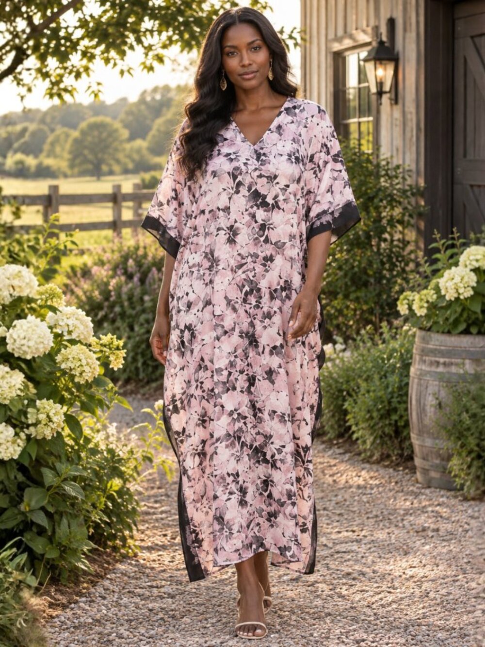 Plus Size Floral Print V-Neck Kaftan Beach Cover Up Dress Long Maxi Dresses